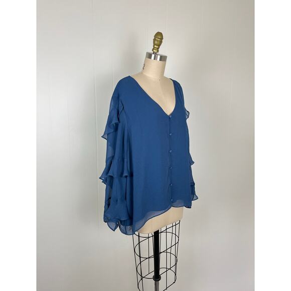 Vince Camuto Blue Ruffle Sheer Sleeve Chiffon V Neck Blouse 2X XXL Plus Size - Picture 4 of 16